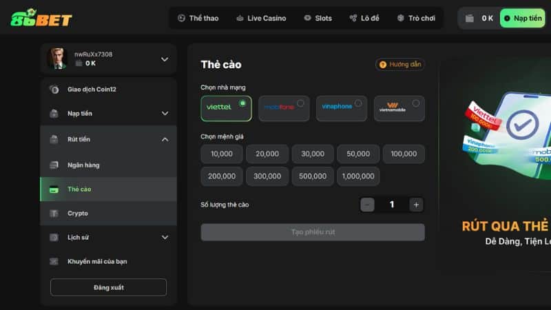 Rút tiền 86Bet vô cùng dễ dàng và nhanh chóng